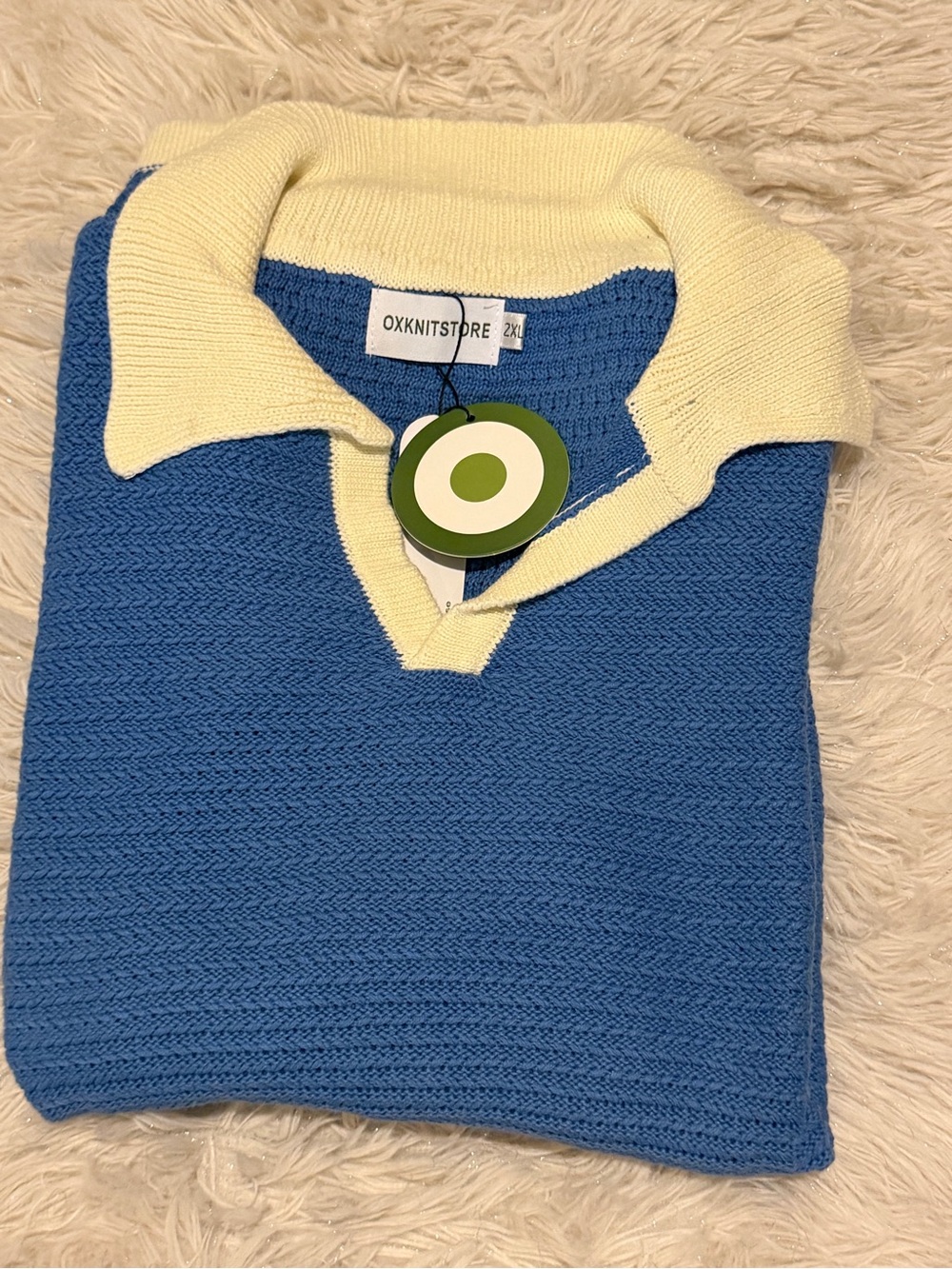 OXKNITSTORE Men's Blue V-Neck Polo-Collar Sweater with Cream Trim